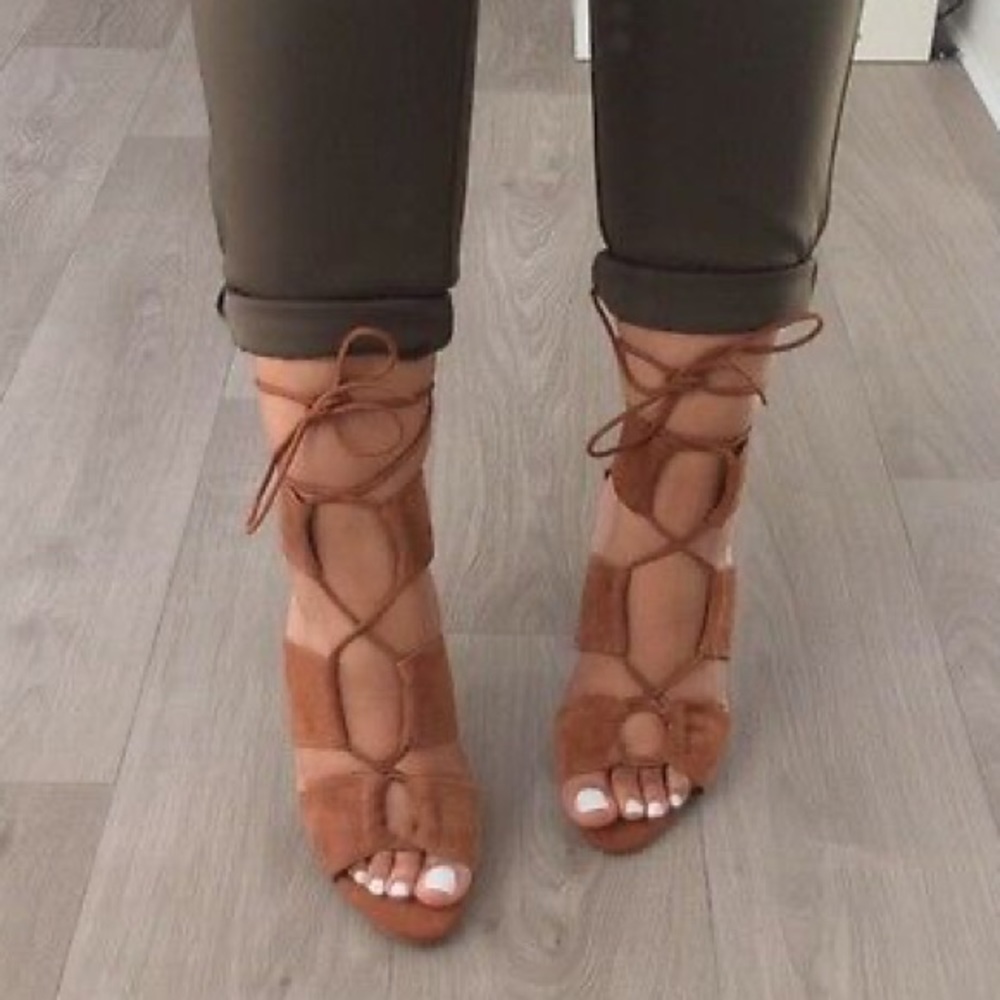 Zara Cognac Lace Up Suede Heels